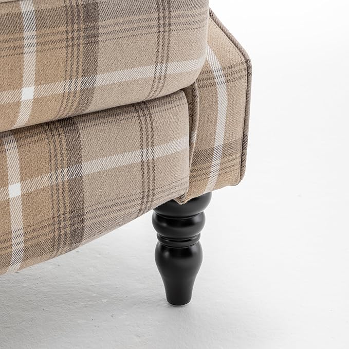Upholstered Wingback Recliner Chair Plaid Recliner Chair Armchair Adjustable Footrest Push Back Reclining Sofa Mid-Century Modern Lounge Armchair for Living Room Bedroom Reading -- Natural
