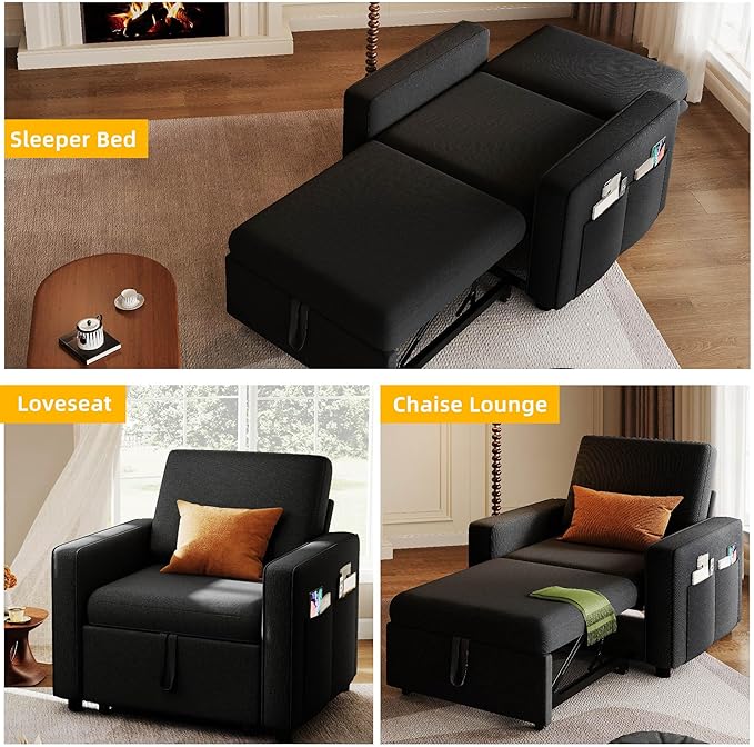 YITAHOME Convertible Sofa Chair Bed 3-in-1 Sleeper Sofa with Pull-Out Bed Linen Fabric Single Sleeper Chair with Reclining Backrest and Wide Armrest Modern Lounge Sofa for Small Space Black