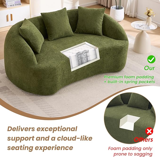 65.75 Curved LoveseatCozy Chenille Small Curved Sofa with 3 BackrestExtra Deep Seat Curved Cloud Floor Couch for BedroomOfficeApartment (Green 65.75 Inch)