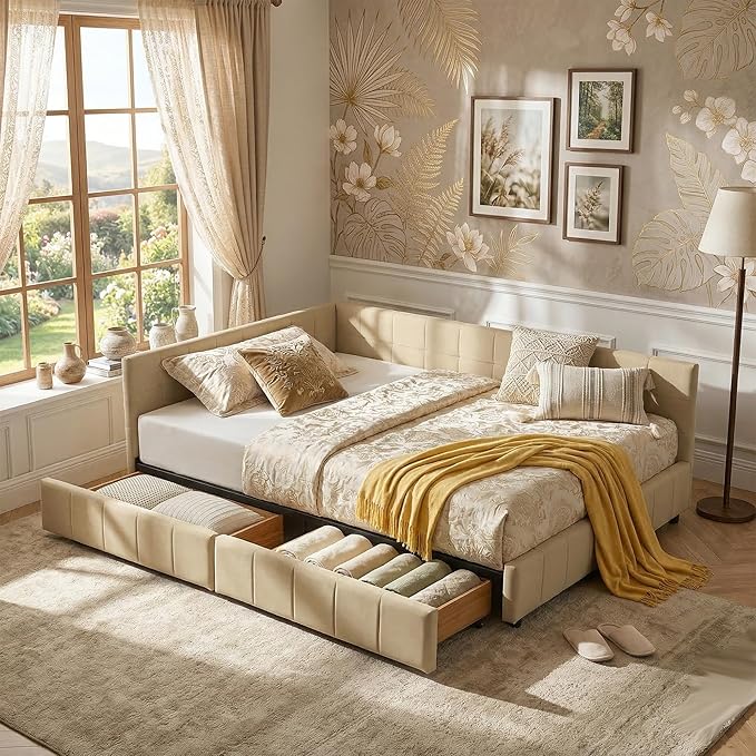 Full Corner Bed Frame with Storage Drawers Modern Velvet Upholstered Sofa Day Bed Frame with Wood Slats for Living Room Bedroom Guest Room No Box Spring Needed Beige