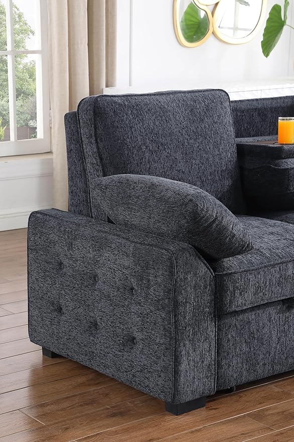 ERYE L-Shaped Pull Out Sleeper Sofa Bed Modern Chenille Upholstered Button Tufted Corner Reversible Sleeper Sectional Sofa Couch with Storage Chaise Drop-Down Table Cup Holders and Charging Ports