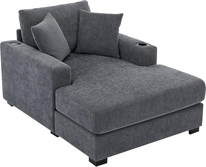 Modern Indoor 43.5 Oversized Chaise Lounger Chenille Fabric Sofa Couch with Pillows Armrest Cup Holders Removable Washable Covers Reclining Sleeper Chair for Living RoomOffice (Blue Gray43.5)