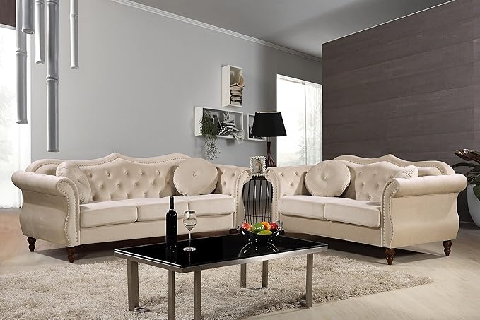 Anna1 Chesterfield Velvet Couches for Living Room Button Tufted Luxury Upholstery with Rolled Arms High-Density Foam Durable Wood Frame 65.5 Loveseat White Ivory