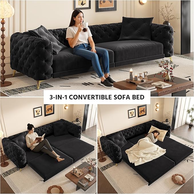 97.7 King Pull Out Sofa Bed Velvet Chesterfield Sleeper Sofa Couch 3 in 1 Convertible Tufted Futon Couches with Ottoman for Living Room Small Space Apartment Office Bedroom Black