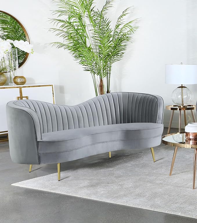 Coaster Home Furnishings - Sophia - Wood &amp Velvet - Upholstered Channel Tufted Loveseat with Inverted Camel Back and Golden Tapered Legs - Living Room - Gray - 506865
