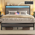 Queen Bed Frame with Headboard &amp Footboard Bed Frame with Built-in Charging Station &amp LED Light Storage Shelf Noise-Free No Box Spring Needed Easy Assembly Rustic Grey