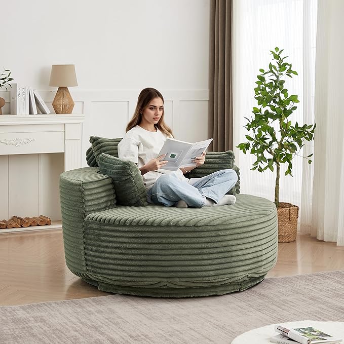 55 Oversized 360 Degree Swivel Chair Modern Round Chair Lounge Upholstered Corduroy Swivel Accent Chair with Deep Seat Comfy Fluffy Sleeper Sofa for Living Room Bedroom Apartment (Green)