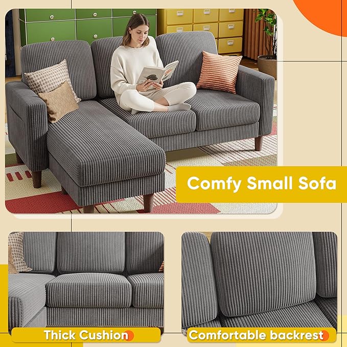 YESHOMY Couches for Living Room Sofa with Movable Ottoman Small Couch with Reversible Chaise and Side Pockets L Shaped Couch for Small Space Apartment (Corduroy Grey)