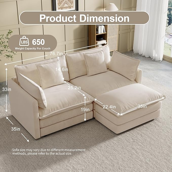 Modular Sectional Sofa 76.7 Inch L-Shaped Cloud Sofa with Deep Seat Comfortable Chenille Sofa with Cushion Double Sectional Sofa for Living Room ApartmentLight Coffee