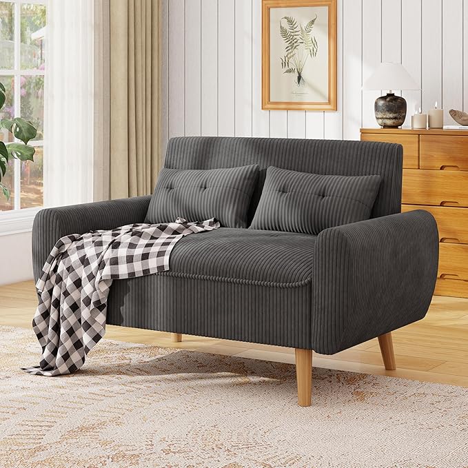 JAMFLY 47'' Small Loveseat Sofa 2 Seat Compact Couch with Tapered Legs Dark Grey Upholstered Furniture Solid Wood Frame Comfy Foam Cushion Easy Assembly for Small Spaces