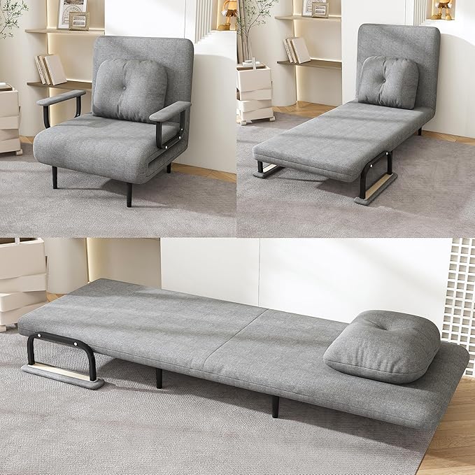 3 in 1 Sleeper Chair Bed Convertible Chair Bed Futon Sofa with Adjustable Backrest &amp Pillow Accent Chair for Apartment/Bedroom/Office (Gray)