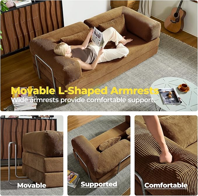 78 Inch Convertible Sofa Bed Corduroy Boneless Couch with Fixed Frame and 4 Pillows Modular Sectional Couch for Living Room Bedroom Studio Floor Bed Loveseat Sofa (Brown)