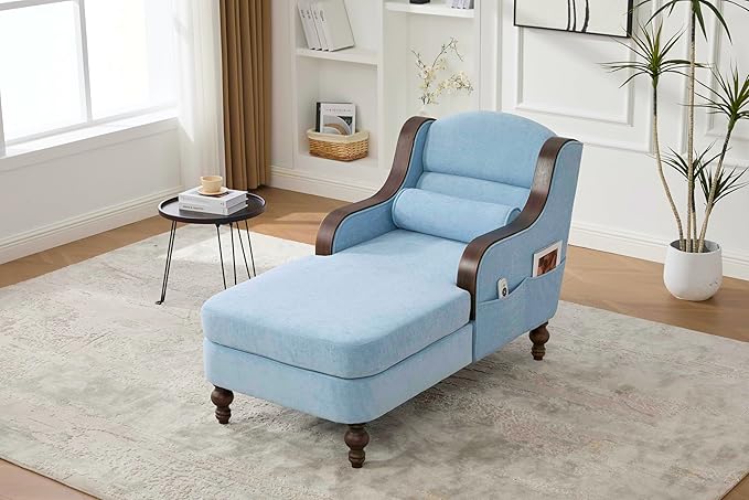 Upholstered Oversized Chaise Lounge Chair Solid Wood Frame Comfy Arm Chair with Thick Double-Layer Cushion Curved Armrests Modern Overstuffed Sleeper Recliner for Bedroom Living Room (Light Blue)