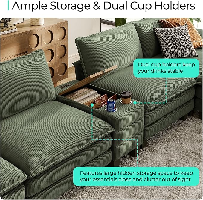 LINSY HOME Modular Sectional Sofa for Living Room Corduroy Cloud Couch with Storage Console USB Charging Cup Holders Comfy Modern Modular Cloud Couches with Movable Ottoman (Green)