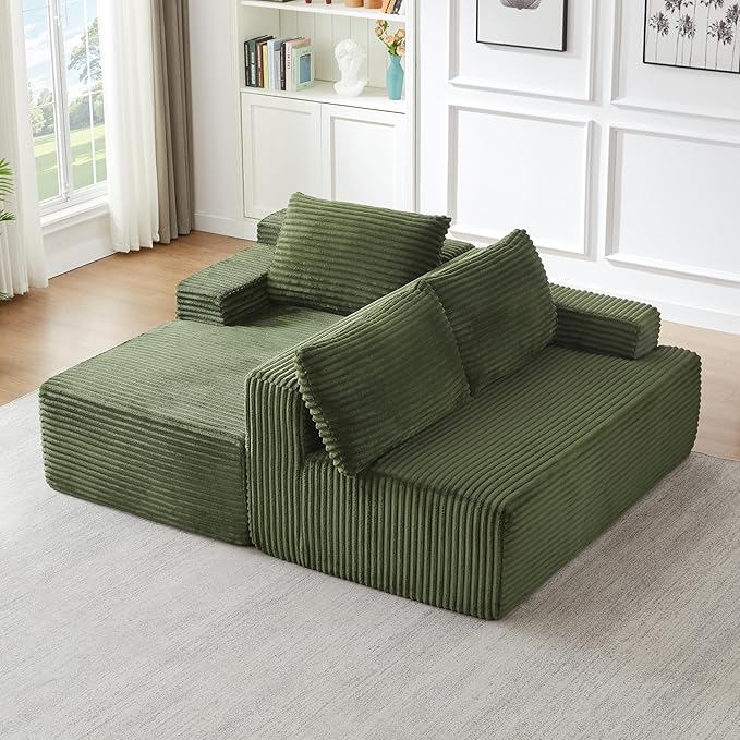Modern Corduroy Modular Sectional Sofa96.1 Minimalist Style L-Shaped 3 Seat Couch with Side Storage PocketsComfortable Chaise Lounge for Living RoomReception AreaGreen Left Chaise Lounge