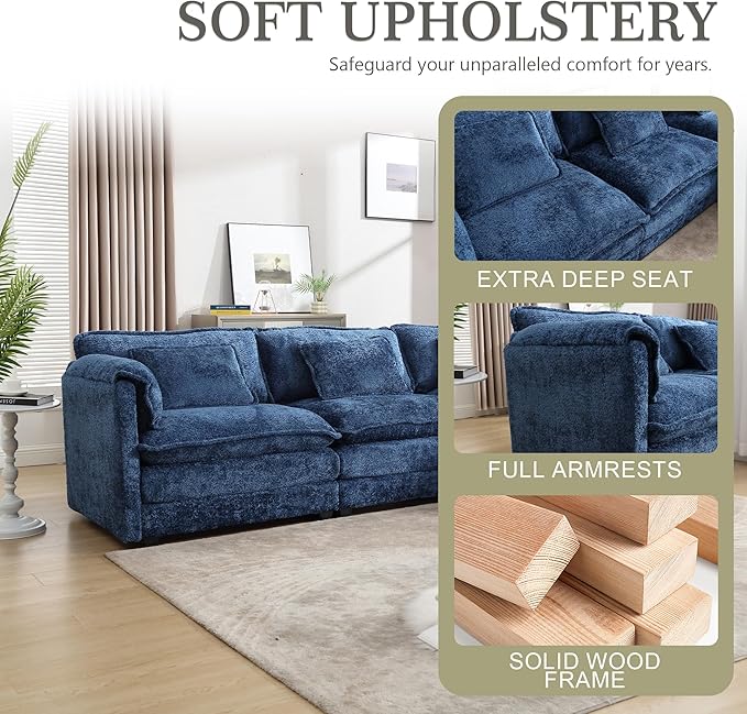 Modular Sectional Sofa Cloud Couch 112 L-Shape Sofa Chenille Comfy Upholstered with Removeable Ottoman and 3 Pillows for Living Room Navy