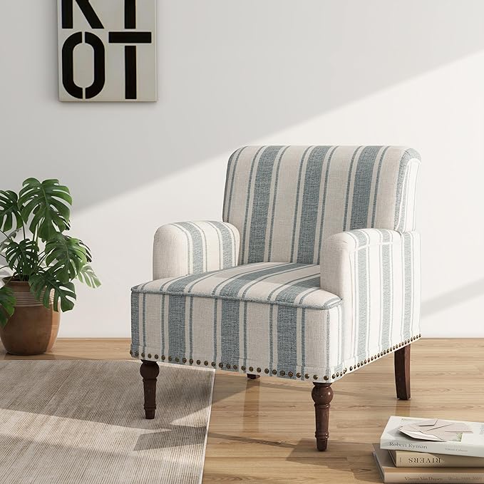 Accent Chair Mid Century Modern Comfy Armchair for Living Room Linen Fabric Single Sofa Lounge for Reading Bedroom Apartment Waiting Room with Wood Legs (Blue Stripe Set of 2)