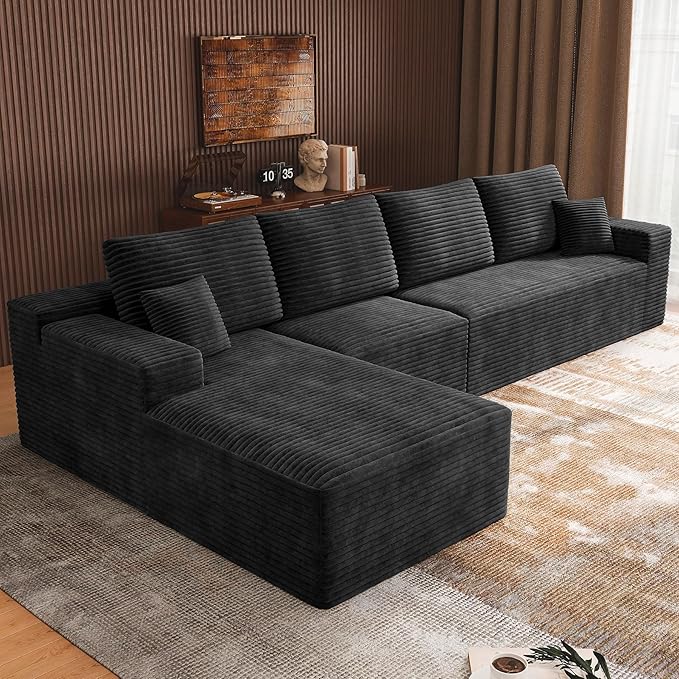 3-Piece Boneless Modular Sectional Sofa Cloud Couch with Left Facing Chaise Oversized Deep Seat Soft Corduroy Fabric Sectional Couch for Living Room-blackb