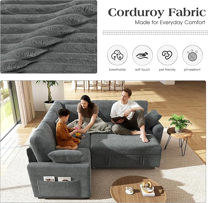 Ihanherry 83-inch 5-Seater Large Sectional Sofa Bed with Storage Corduroy Reversible Modular Sleeper Sofa with USB Port &amp 4 Pillows Convertible L-Shaped Couch for Living Room（Gray）