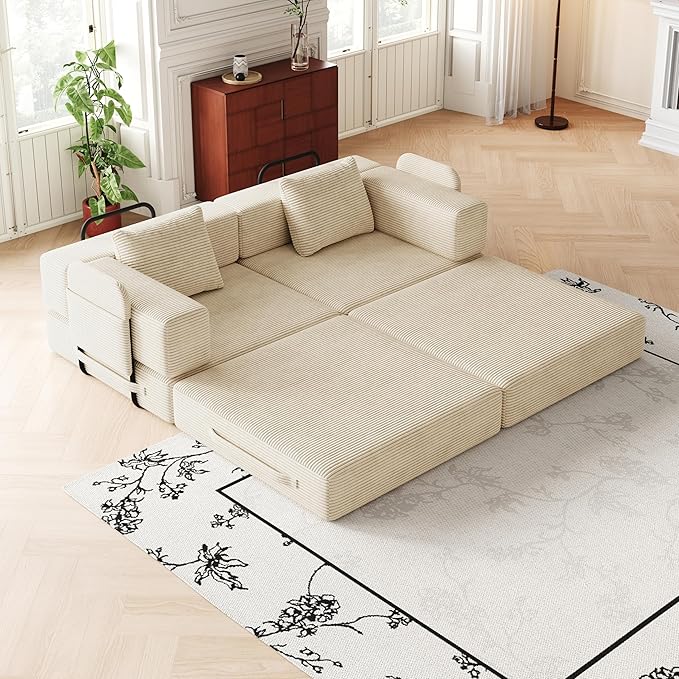 KEIKI 72.4'' Convertible Sofa Bed 2 Seat Corduroy Fabric Sofa with Two Side Storage Pockets and Two Cushions Comfortable Folding Sleeper Carpeted Couch for Living Room Bedroom and Study Beige
