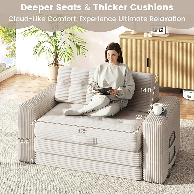 Convertible Sofa Bed 2 in 1 Boneless Couch Bed with 2 Pillows Corduroy Pull out Couch Folding Sofa Bed with Deep Seat Small Loveseat Sleeper Sofa Bed in a Box for Small Spaces No Assembly Needed