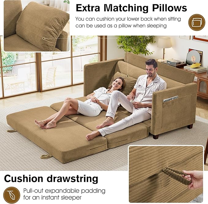 65 Loveseat Sleeper Sofa Bed Corduroy Convertible Sofa Bed for Small Spaces Folding Couch Bed with Deep Seat 2 Pillows &amp Solid Frame Pull Out Floor Couches for Living Room Brown