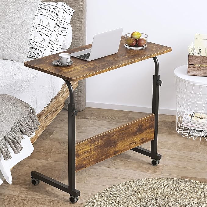 DlandHome Rolling Desk Adjustable Standing Desk Mobile Side Table 31.4 Inches w/Wheels Adjustable C Table Movable Portable Laptop Computer Stand for Bed SofaRetro