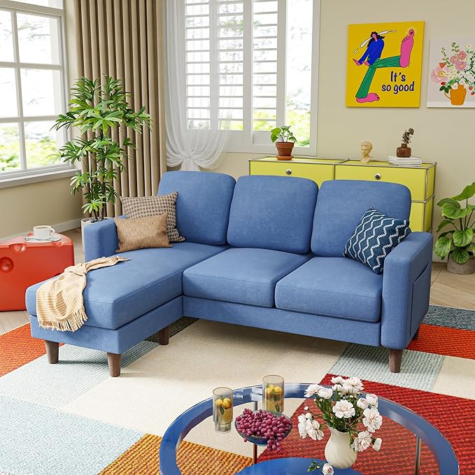 YESHOMY Couches for Living Room Sofa with Movable Ottoman Small Couch with Reversible Chaise and Side Pockets L Shaped Couch for Small Space Apartment (Linen Fabric Blue)