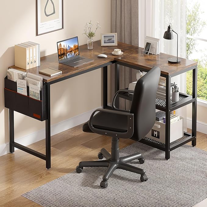 VECELO L Shaped Desk 49 Inch Computer Gaming Study Writing Table Home Office Workstation with Storage Shelves &amp Bag