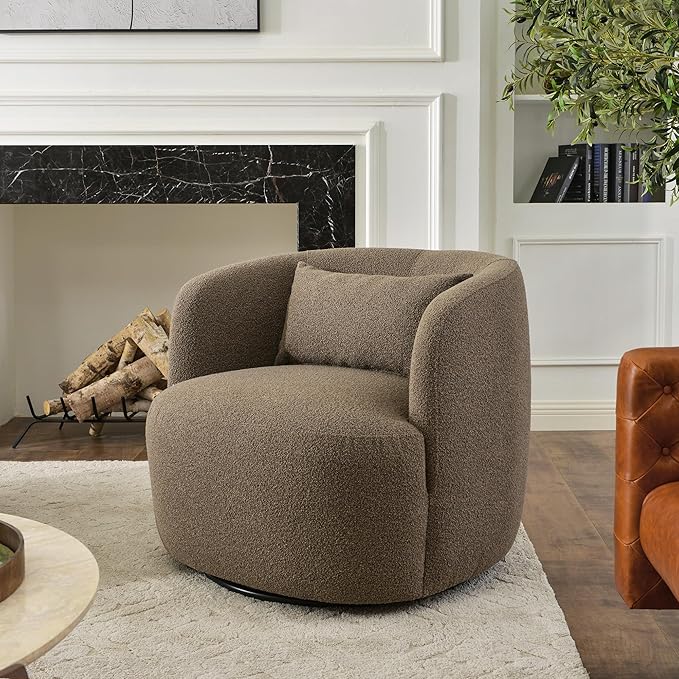KINWELL 34 Wide Sherpa Swivel Barrel Chair No Assembly Round Boucle Upholstered Accent Chair Armchair Single Sofa Chair with Toss Pillow for Living Room and Bedroom Teddy Brown