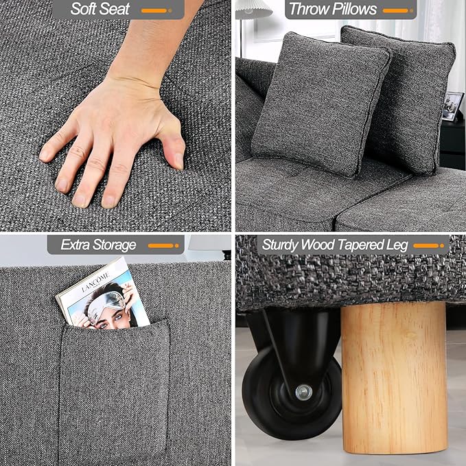 SEJOV Sofa Bed 4-in-1 Convertible Sofas &amp Couches 3-Seat Linen Fabric loveseat Sofa with 2 Throw Pillow Single Recliner for Small Space with 5 Adjustable Backrest Dark Grey