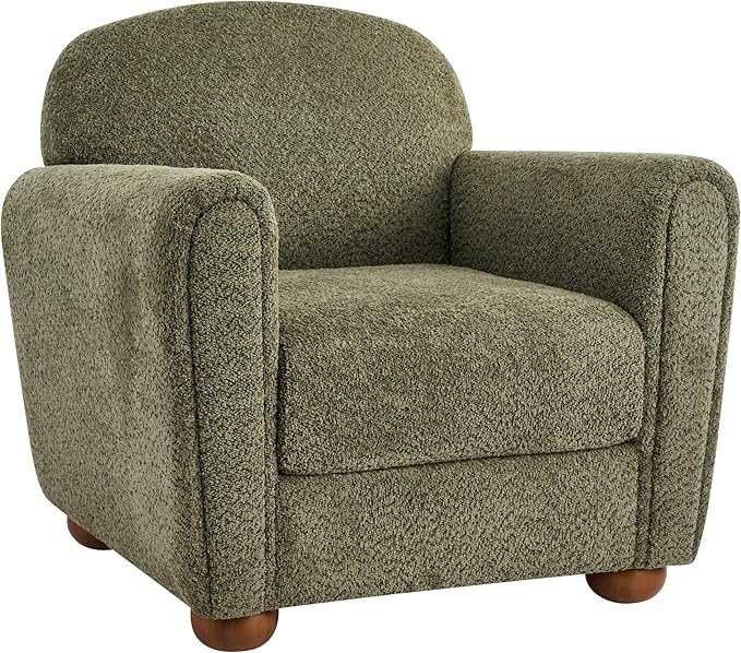 Christopher Knight Home Peysz Modern Accent Chair Boucle Upholstered Armchair with Rounded Wooden Legs Comfortable Single Sofa Soft Cushion Seating Lounge Chair Indoor Olive Green