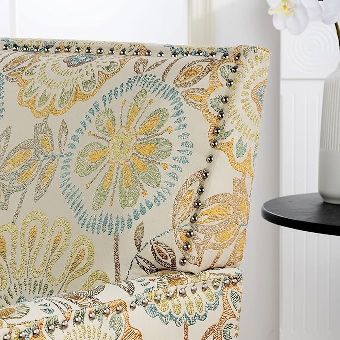 Modern Wingback Accent Club Chair with Floral Fabric Upholstery Comfortable Reading Chair for Living Room &amp Bedroom Single Seater Sofa with Cushion (Yellow pattern)