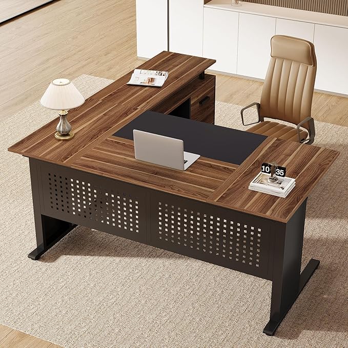 Tribesigns 63-Inch L-Shaped Executive Desk with Storage Shelves Large Office Computer Desk with Drawers and File Cabinet Industrial Business Workstation for Home Office Brown and Black