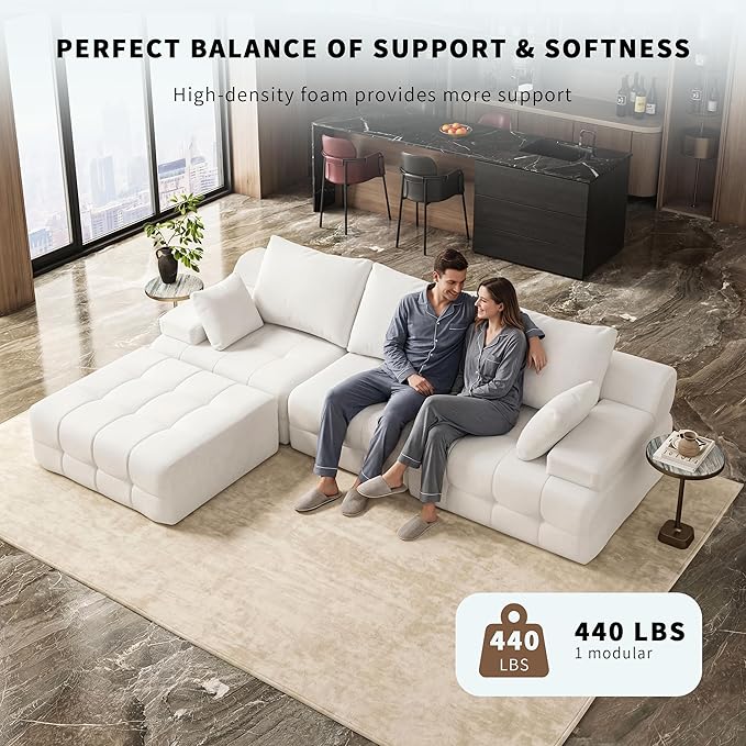 110 Cloud Sectional Couches for Living RoomModern Convertible L-Shape Couch with Ottoman 3 Seater Chenille Fabric Comfy Cloud Couches with Movable Ottoman White