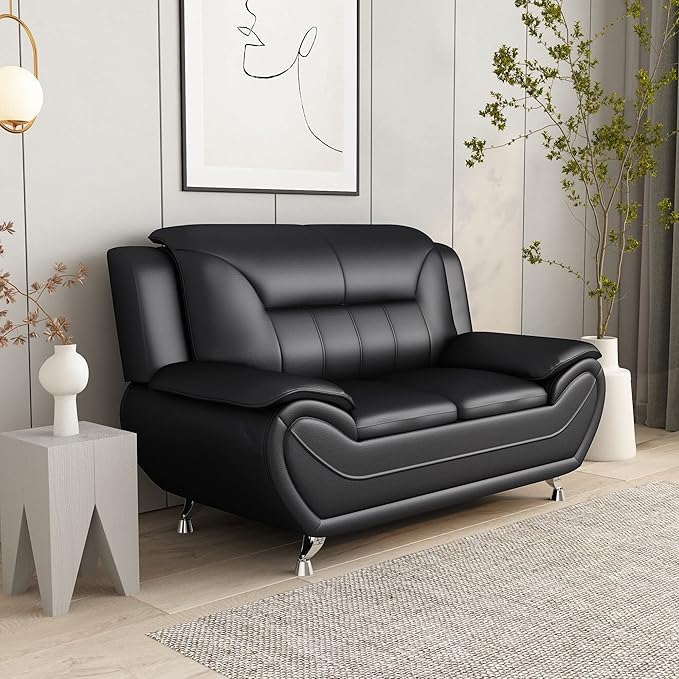 Michael Modern Faux Leather Upholstered Stainless Steel Legs Living Room Loveseat Midnight Black