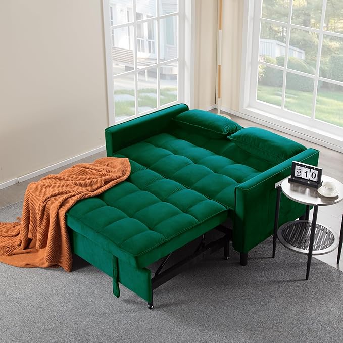 3 in 1 Convertible Sofa Bed Love Seat Sleeper Bed with Side Pockets Velvet Fabric Pull Out Couch with Adjustable Backrest for Living Room Bedroom Apartment Dark Green