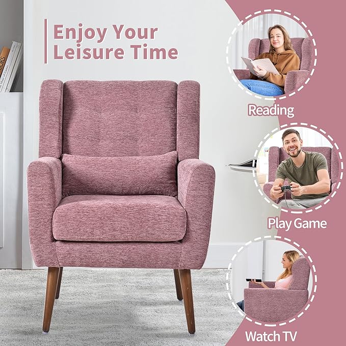 Modern Accent Chair Upholstered Arm Chair with Waist Pillow Single Sofa Chair for Living Room Bedroom Small Spaces (Purple)
