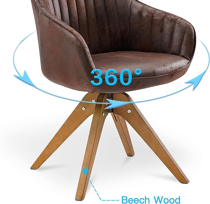 Art Leon Dining Chair Mid Century Modern Suede Upholstered Swivel Dining Room Chair with Wood Legs Leisure Side Chair with Arms for Living Room Mocha