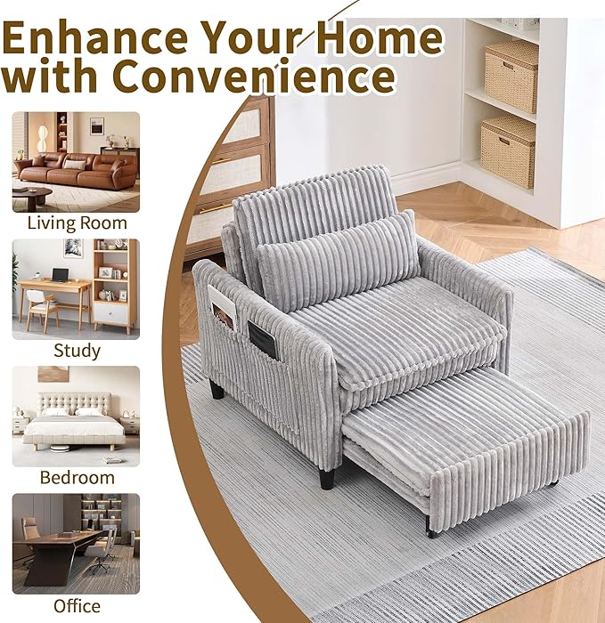 Modern Corduroy Fabric Sofa Bed Futon3 in 1 Convertible Pullout Bed Sleeper Couches with 3 Reclining BackrestsSmall Sofa Chair Bed for Living Room Bedroom (Light Grey)