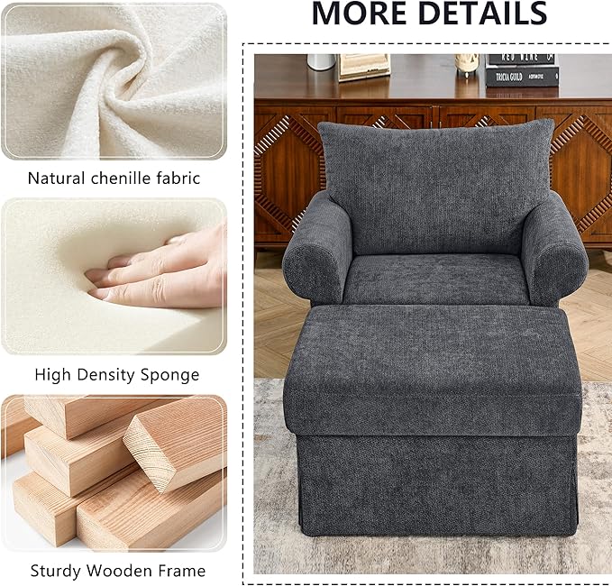 Living Room Chairs with Ottoman Small Accent Chair for Bedroom Single Sofa Couch with Chenille Fabric for Apartment and Small Places (Dark Grey)