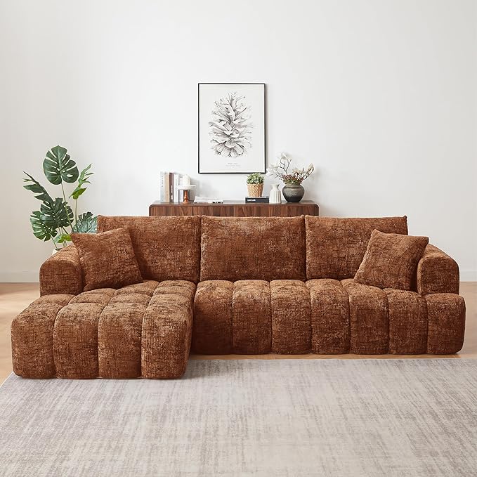 108 L-Shaped Sectional Sofa Compressed Boneless Cloud Couch with Left Chaise &amp Pillows Chenille Upholstered 4-Seater Modular Sofa for Living Room No Assembly Sienna Orange
