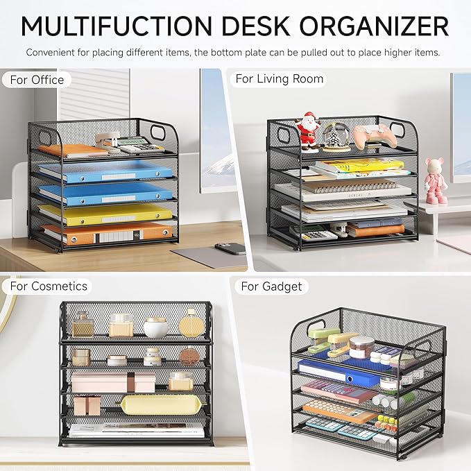 2 Pack 5-Tier Paper Organizer Letter Tray with Handle - Black Mesh Desk Paper Sorter File Organizer for Office Home or School File Folder Holder