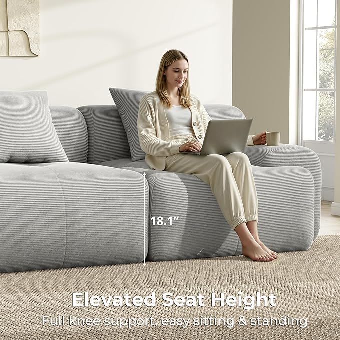 LIKIMIO 118 Modular Sectional Sofa with Ottoman L-Shaped Boneless Couch with Deep Seat for Living Room Corduroy Upholstery No Assembly Required Light Grey