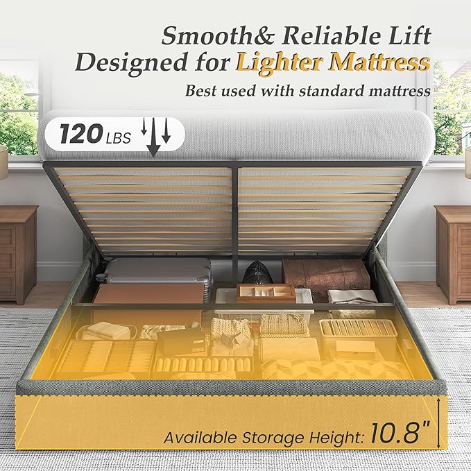 Lifezone Queen Size Lift Up Storage Bed Frame Linen Upholstered Queen Platform with Button Tufted Wingback Headboard and Under-Bed Storage Hydraulic Support No Box Spring Needed Noise Free Grey