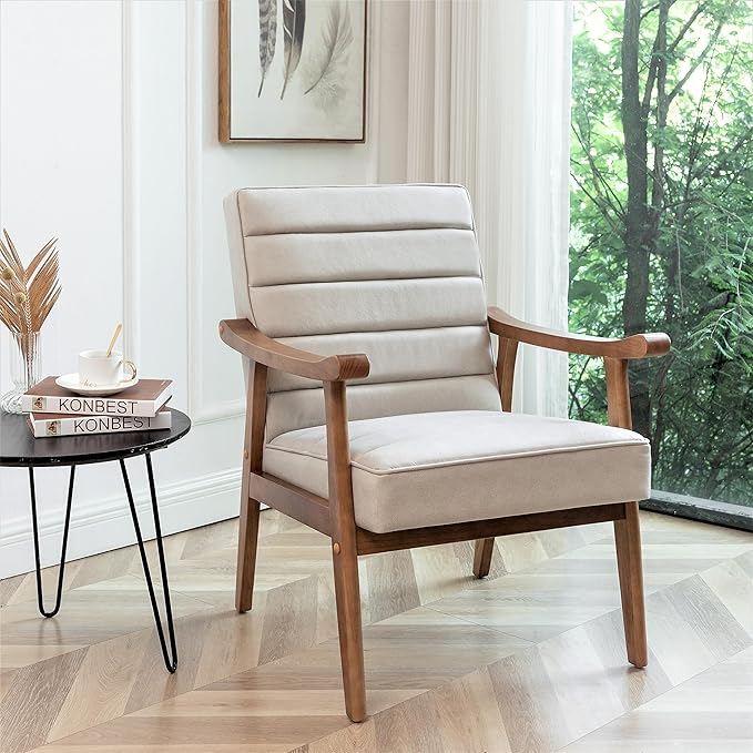 Unique Mid Century Modern Accent Chair with Open-Framed Armchair Design Plush Foam Cushioning and Leather-Look Microfiber Seat and Back Cushions Beige