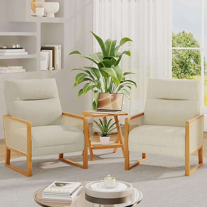 Upholstered Rattan Accent Chair Modern Linen Armchair with Ash Wood Legs Comfy Arm Chair for Living Room Bedroom Beige