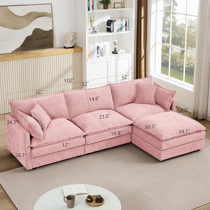 102 Modular Sectional Sofa L Shaped Cloud Couch with Movable Ottoman Comfy Chenille Deep Seat Sofa with Throw Pillows 3-Seater Cloud Couches for Living Room Apartment