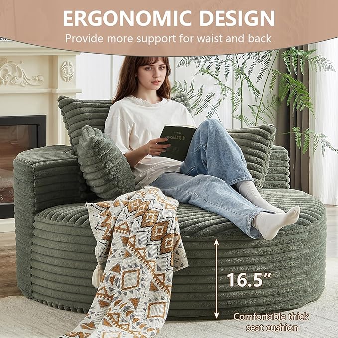 55''W Oversized Round Chair with PillowsComfy Corduroy Single ChairOversized Accent Chair with Deep Seat Modern Large Reading Chairs for Living Room &amp Bedroom (Green)