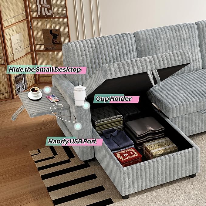 Sleeper Sectional Sofa 110 Modern U Shaped Couch with Pull Out Bed Convertible Corduroy Cloud Sofa with Double Storage Chaise USB Small Desktop Comfy Modular Couch for Living Room Light Gray